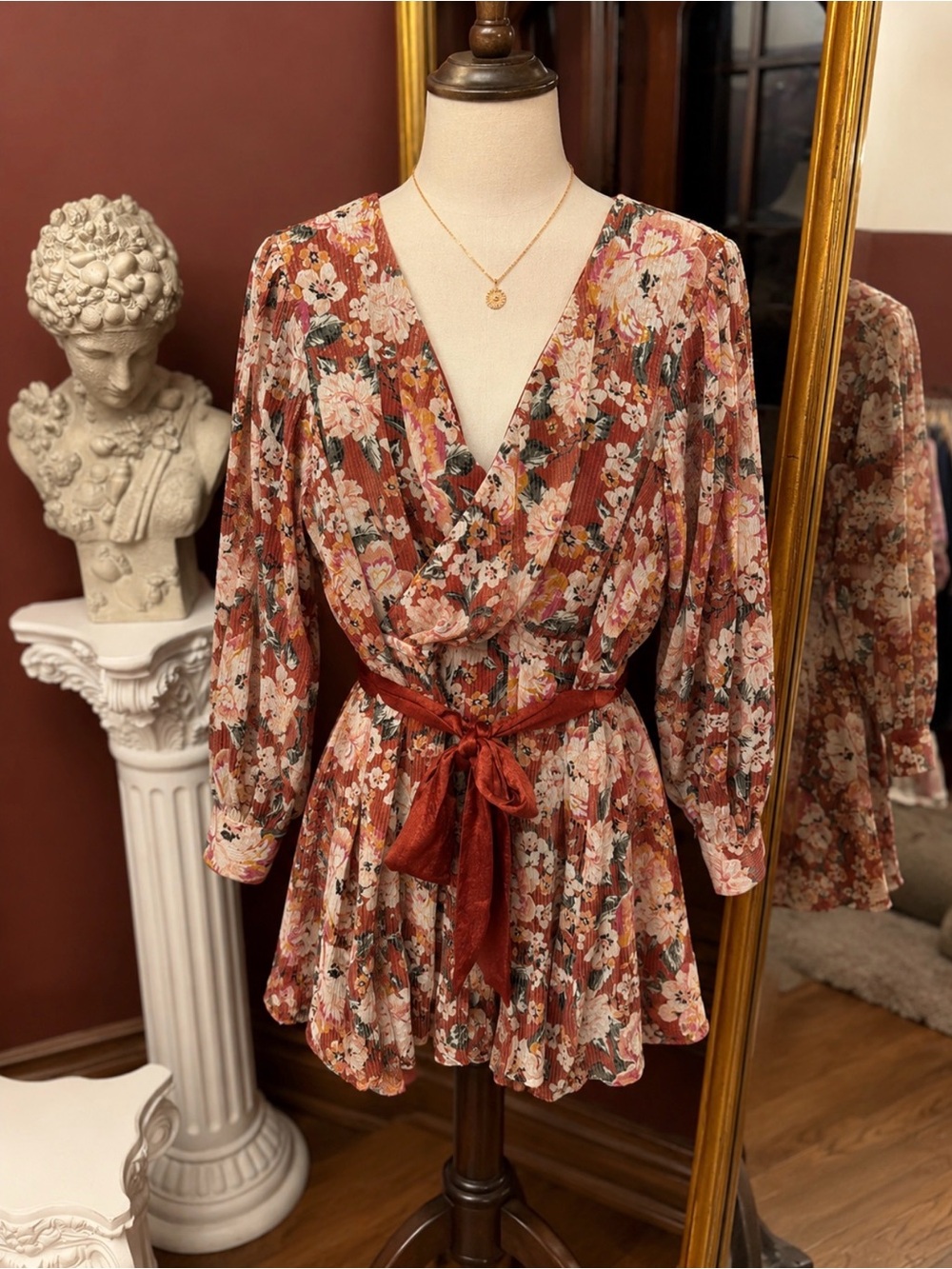 LC Lauren Conrad Rust Floral Long Sleeve Wrap Dress